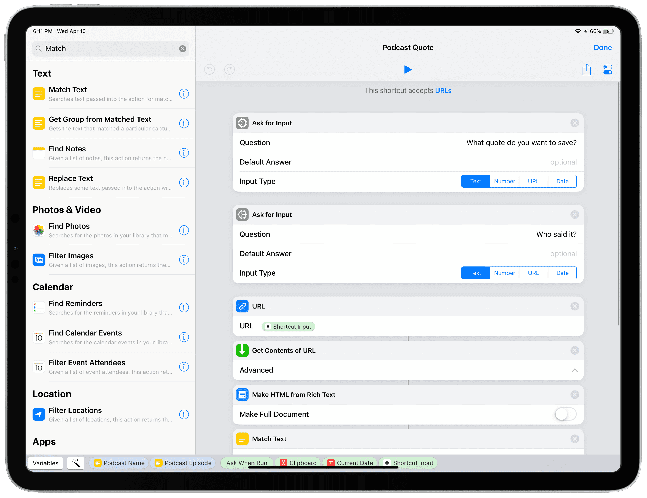 iPad screenshot of the Shortcuts app showing the RegEx